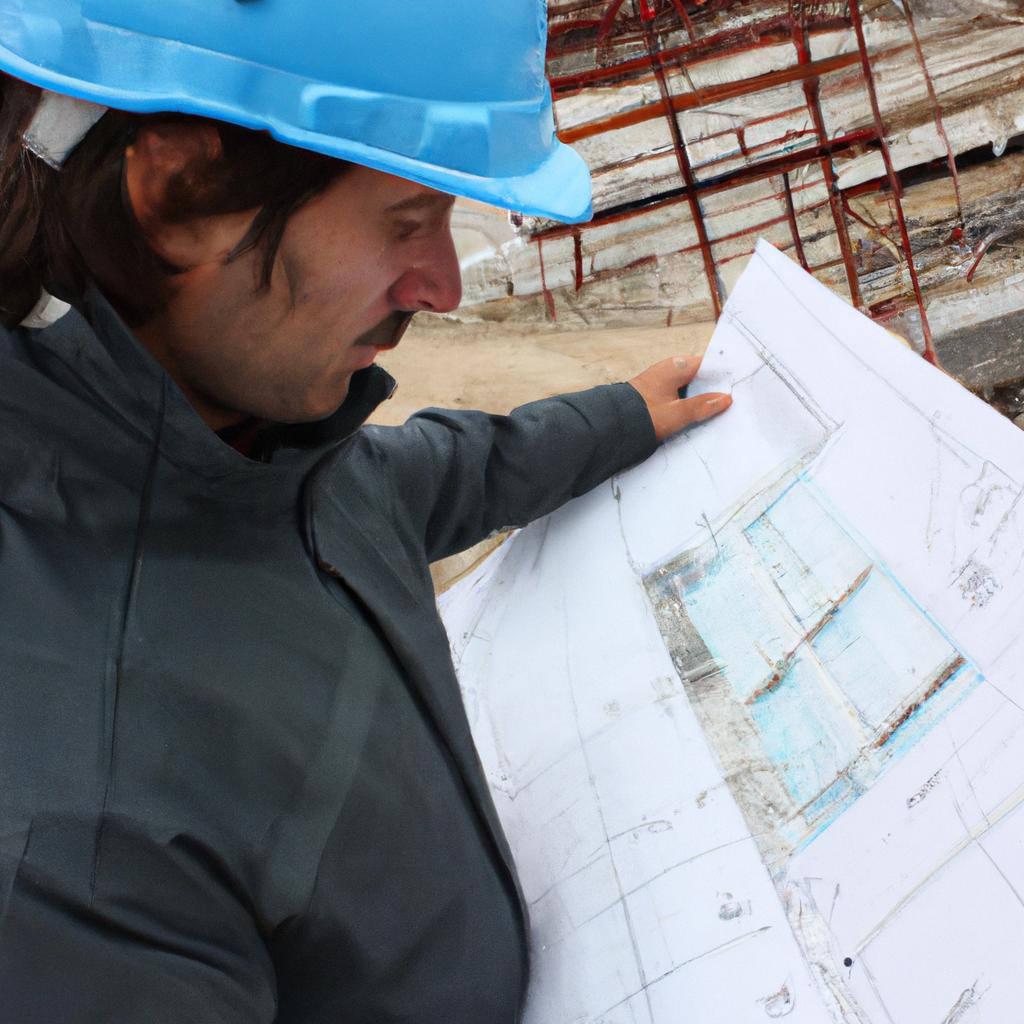 Person inspecting construction site blueprint